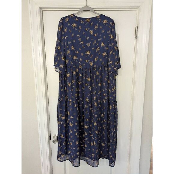Park and Fifth Rennie Midi Dress women's size Large navy blue chiffon vneck - Picture 7 of 7